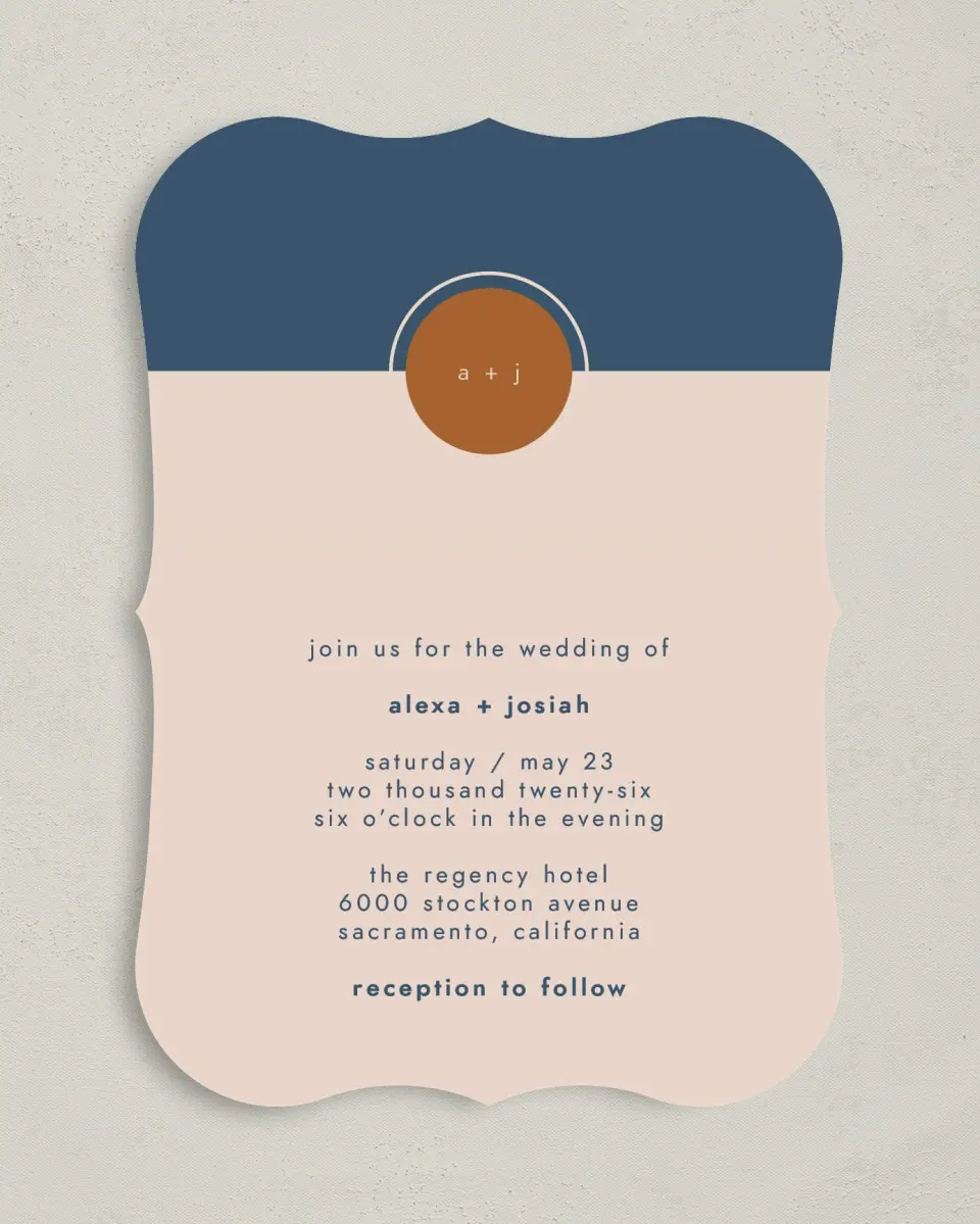 This is a 5" x 7" Bracket Wedding Invitation called Our Beginning printed in full color on Premium Smooth paper