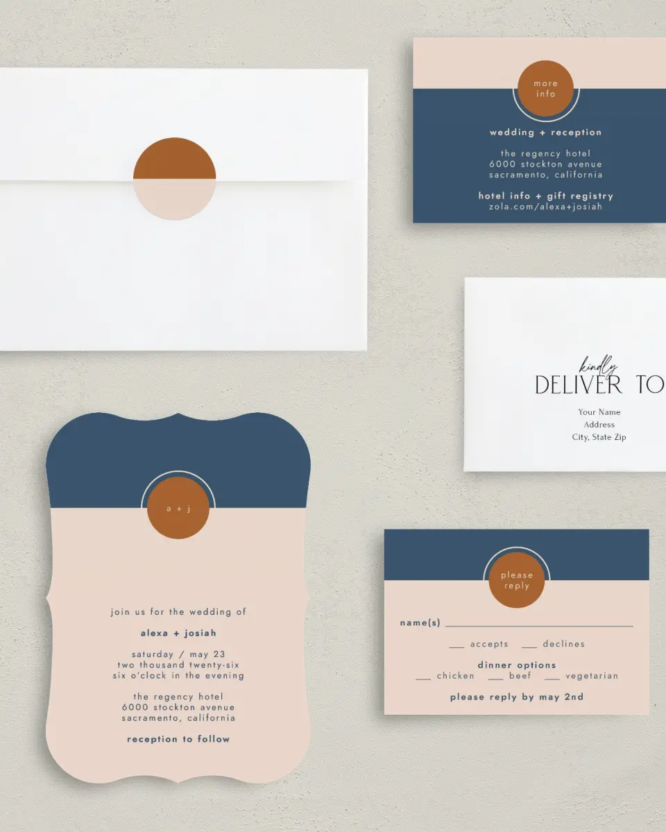 This is a 5" x 7" Bracket Wedding Invitation called Our Beginning printed in full color with Silver foil on Luxe Satin (coated) paper