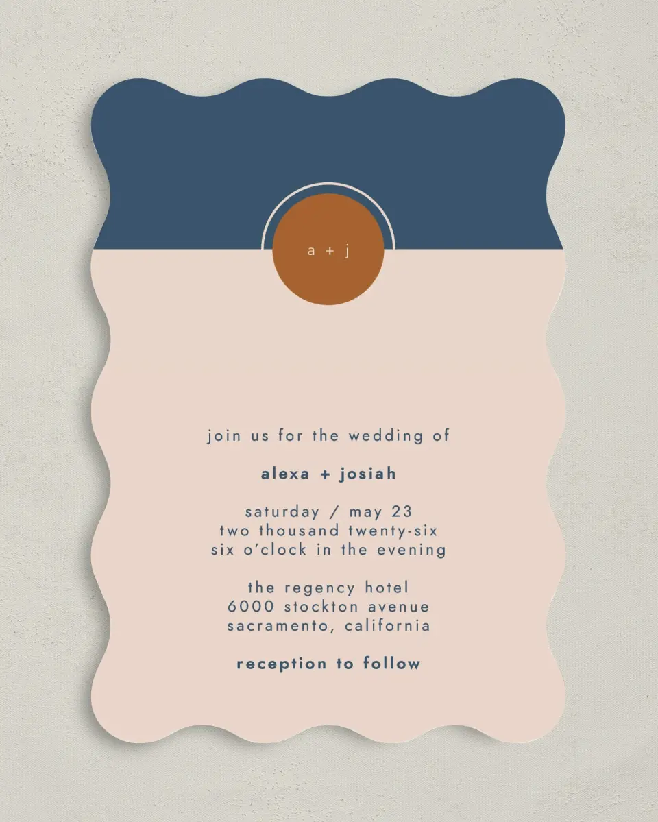 This is a 5" x 7" Wavy Wedding Invitation called Our Beginning printed in full color on Premium Smooth paper