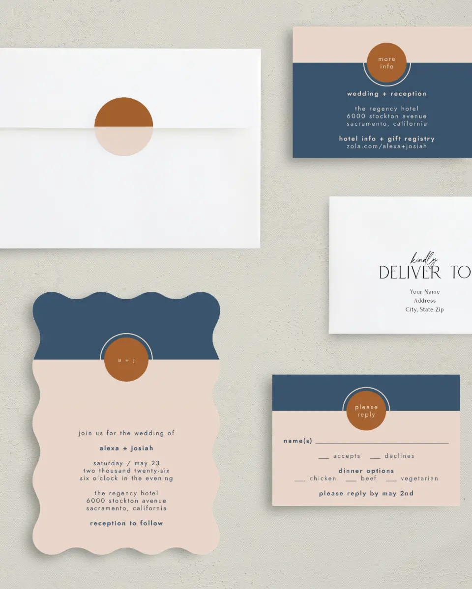 This is a 5" x 7" Wavy Wedding Invitation called Our Beginning printed in full color with Gold foil on Luxe Satin (coated) paper