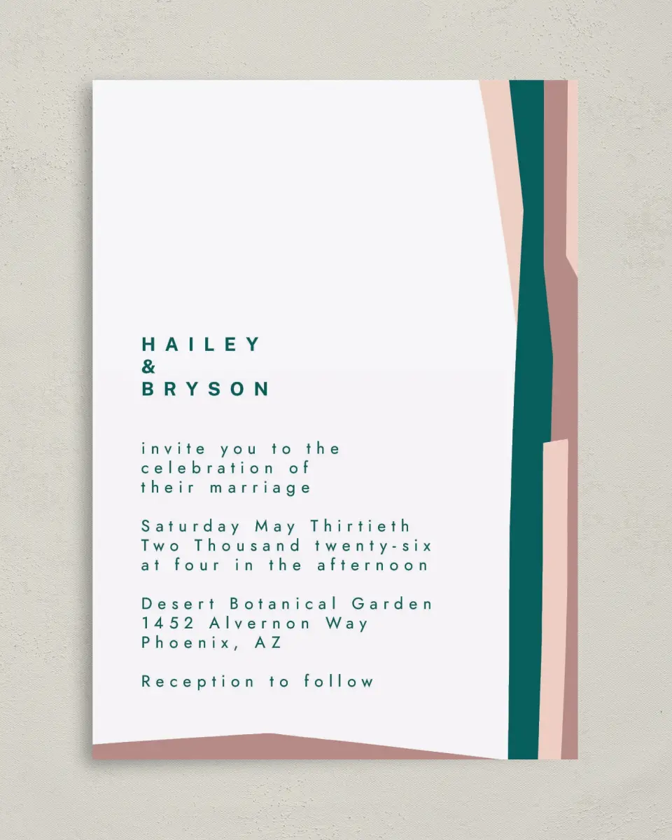 This is a 5" x 7" Classic Wedding Invitation called Shaped Love printed in full color on Premium Smooth paper