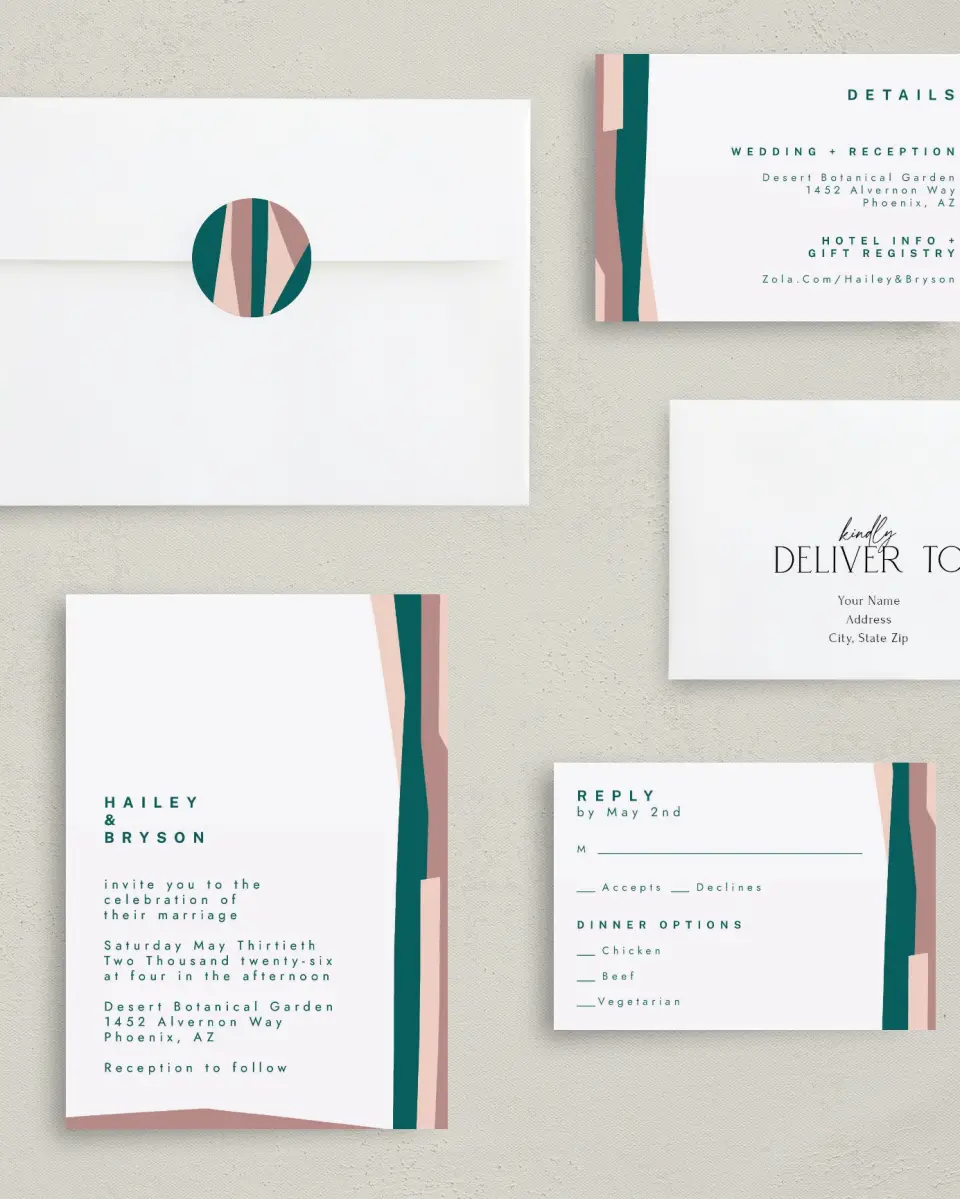 This is a 5" x 7" Classic Wedding Invitation called Shaped Love printed in full color with Gold foil on Luxe Satin (coated) paper