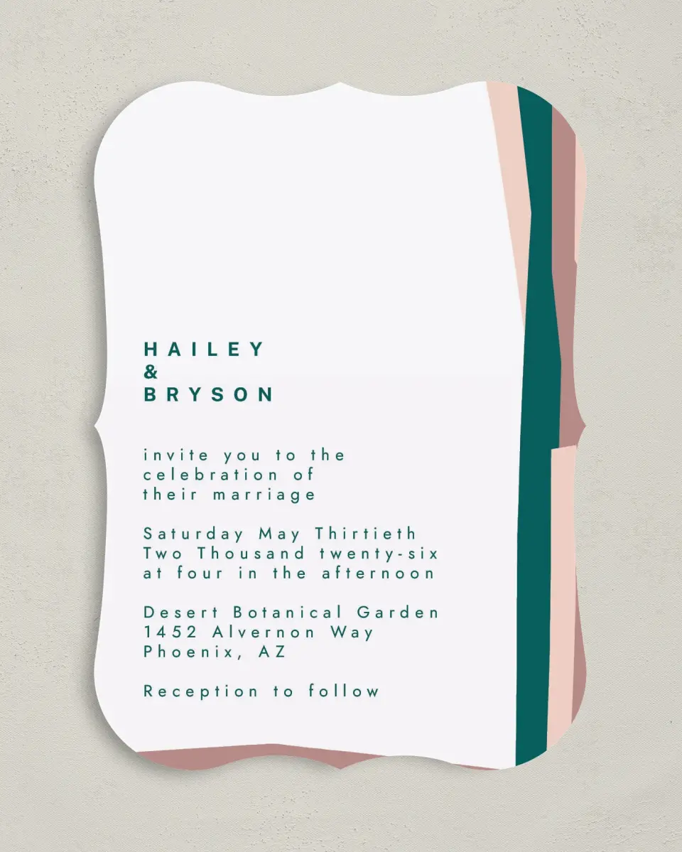 This is a 5" x 7" Bracket Wedding Invitation called Shaped Love printed in full color on Premium Smooth paper