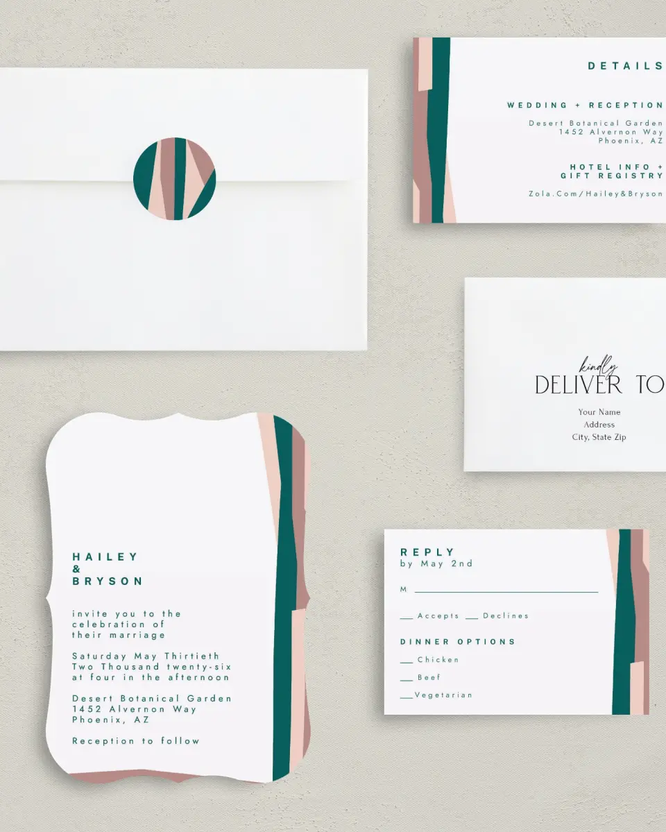 This is a 5" x 7" Bracket Wedding Invitation called Shaped Love printed in full color with Silver foil on Luxe Satin (coated) paper