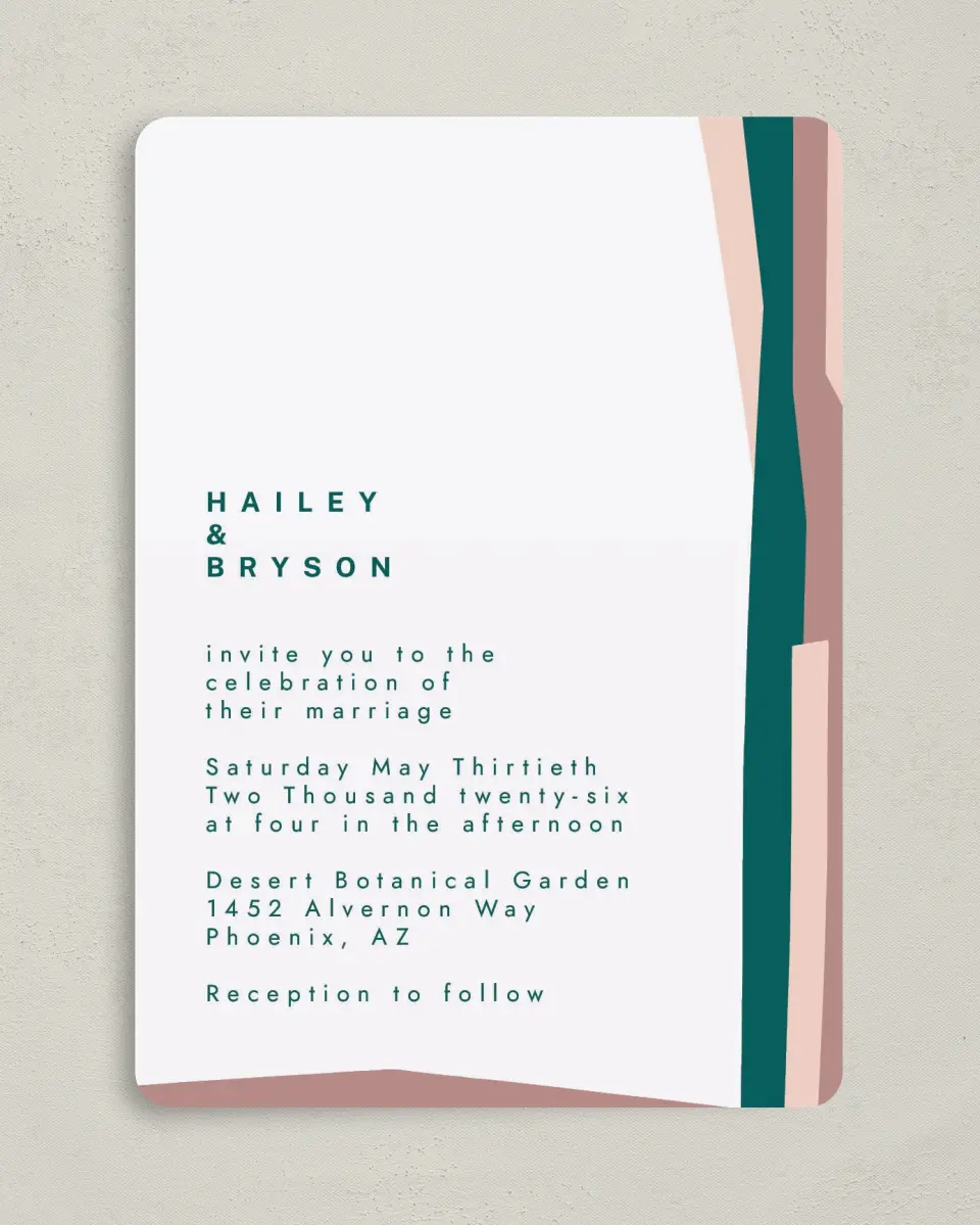 This is a 5" x 7" Rounded Wedding Invitation called Shaped Love printed in full color on Premium Smooth paper