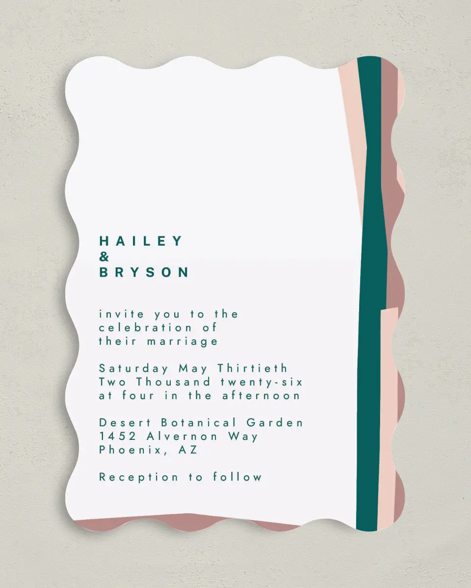 This is a 5" x 7" Wavy Wedding Invitation called Shaped Love printed in full color on Premium Smooth paper