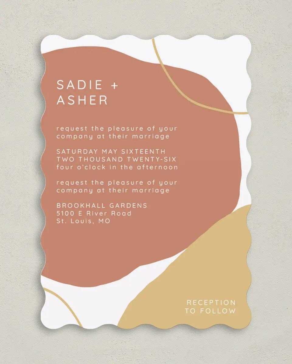 This is a 5" x 7" Wavy Wedding Invitation called Contemporary Bubbles printed in full color on Premium Smooth paper