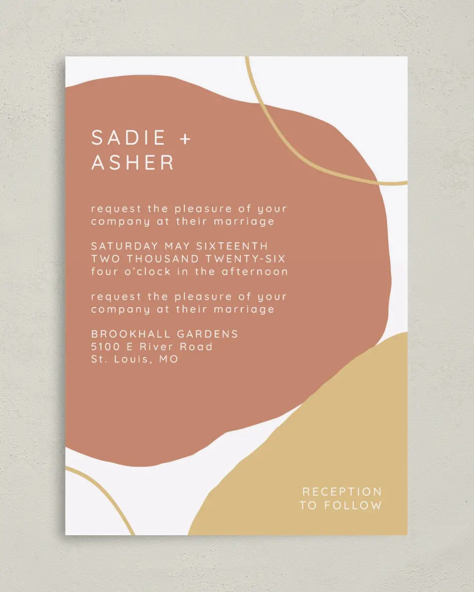 This is a 5" x 7" Classic Wedding Invitation called Contemporary Bubbles printed in full color with Gold foil on Luxe Satin (coated) paper