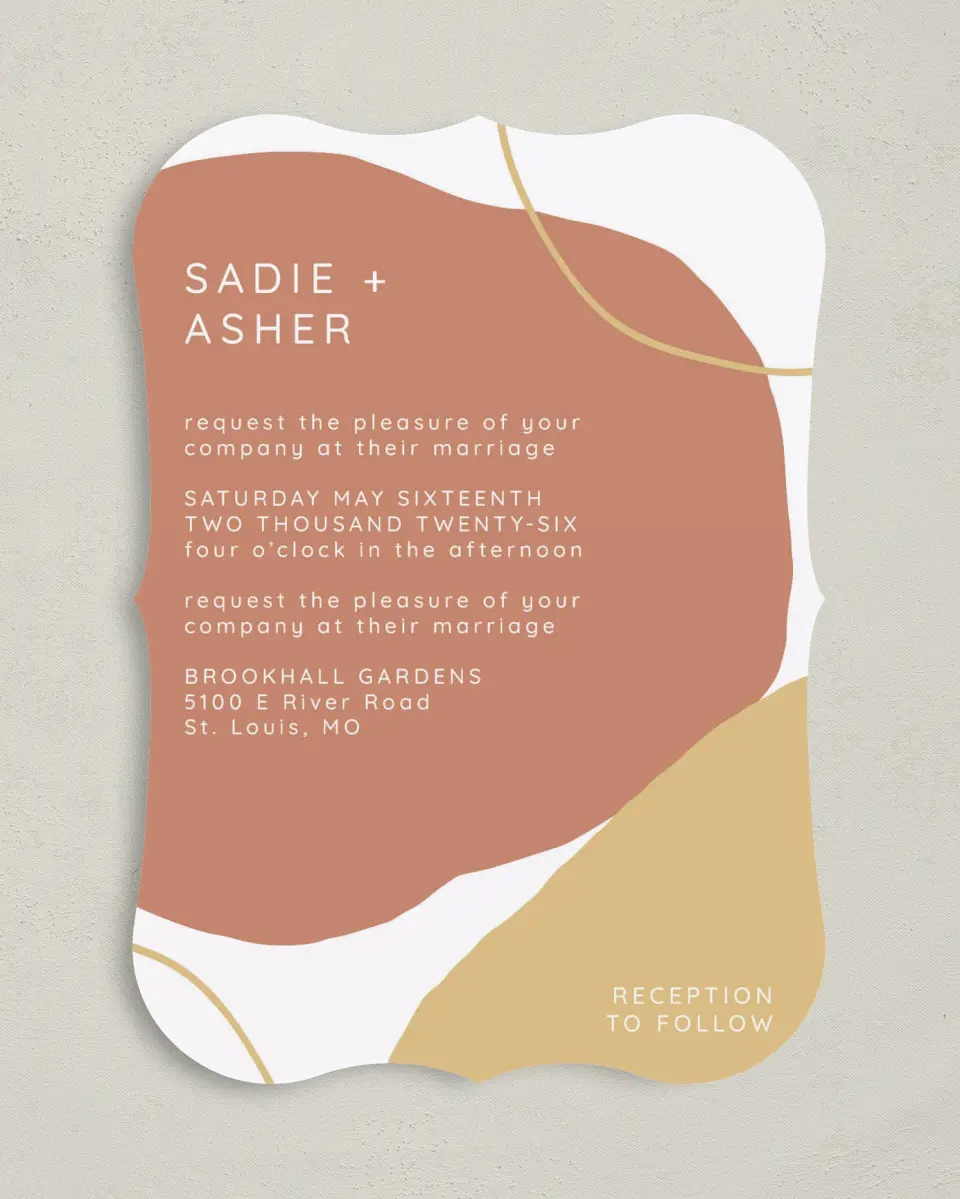 This is a 5" x 7" Bracket Wedding Invitation called Contemporary Bubbles printed in full color on Premium Smooth paper