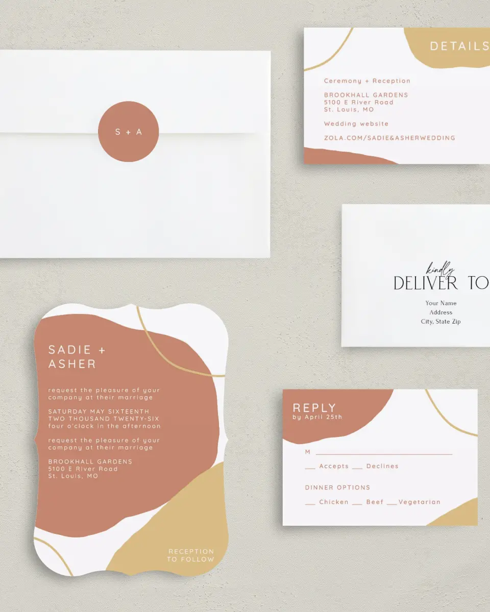 This is a 5" x 7" Bracket Wedding Invitation called Contemporary Bubbles printed in full color with Silver foil on Luxe Satin (coated) paper