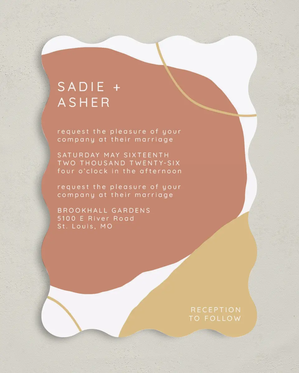 This is a 5" x 7" Wavy Wedding Invitation called Contemporary Bubbles printed in full color on Premium Smooth paper