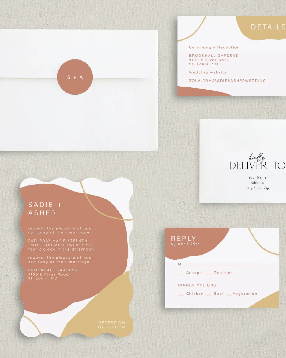 This is a 5" x 7" Wavy Wedding Invitation called Contemporary Bubbles printed in full color on Premium Smooth paper