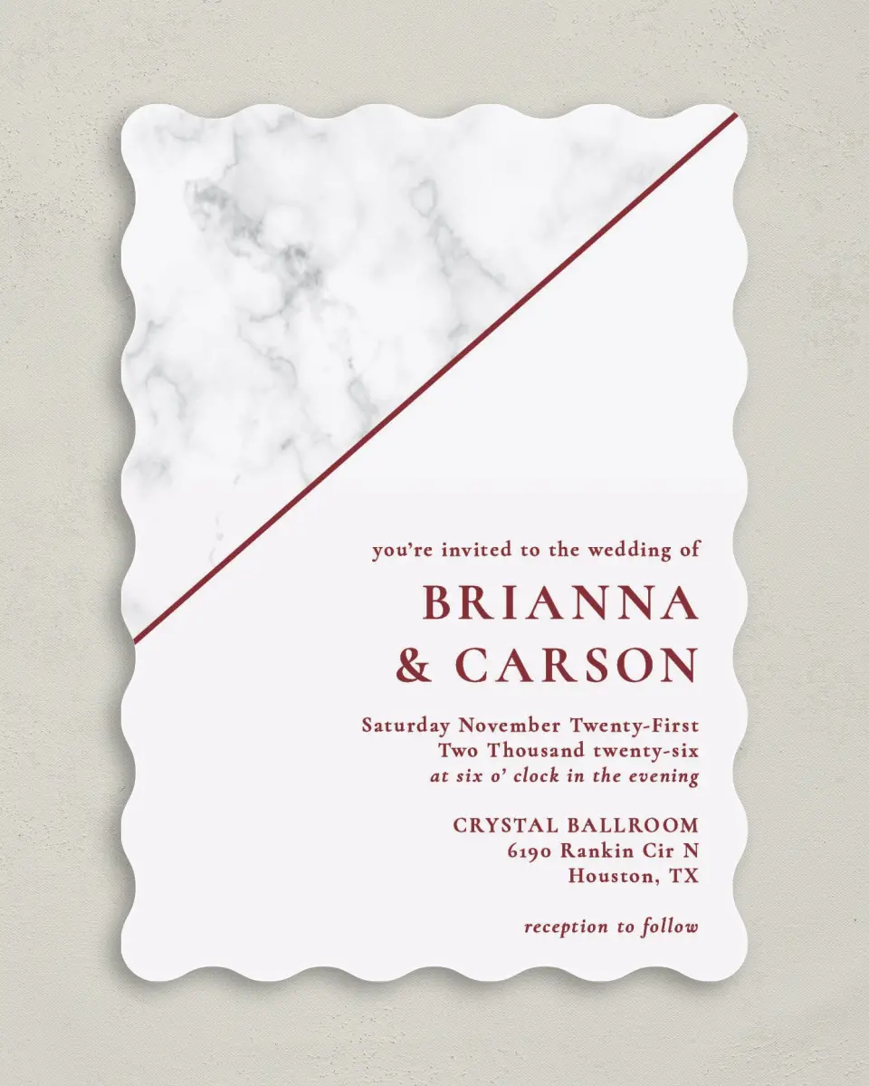 This is a 5" x 7" Wavy Wedding Invitation called Bold Banner printed in full color on Premium Smooth paper