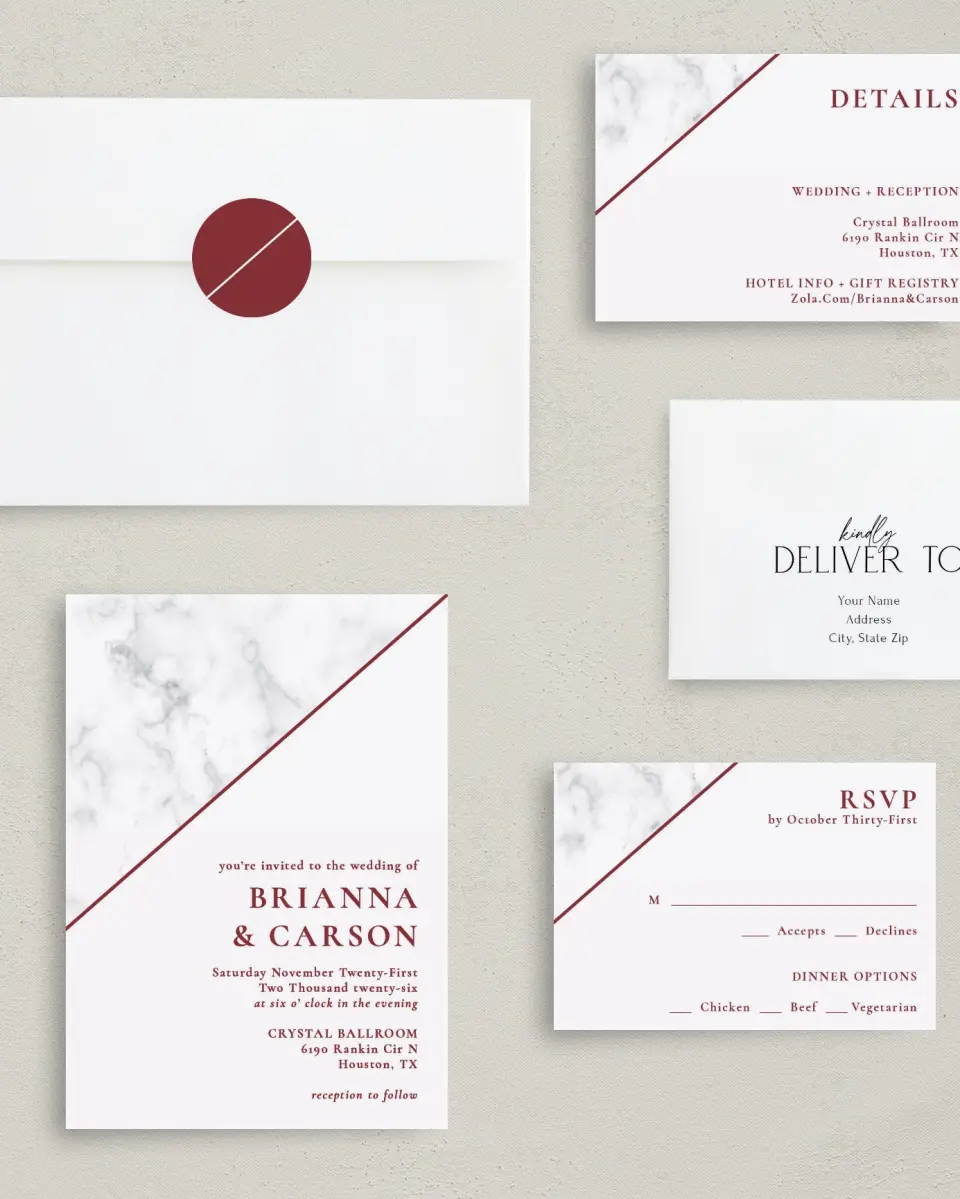 This is a 5" x 7" Classic Wedding Invitation called Bold Banner printed in full color with Gold foil on Luxe Satin (coated) paper
