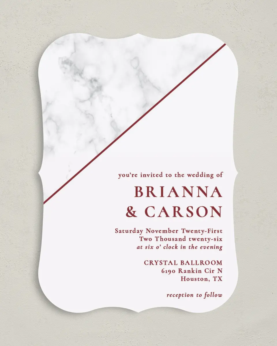 This is a 5" x 7" Bracket Wedding Invitation called Bold Banner printed in full color on Premium Smooth paper