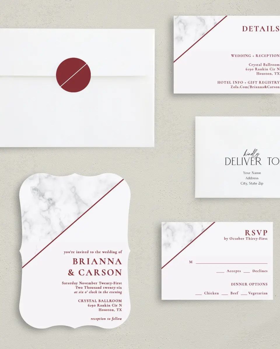 This is a 5" x 7" Bracket Wedding Invitation called Bold Banner printed in full color with Silver foil on Luxe Satin (coated) paper