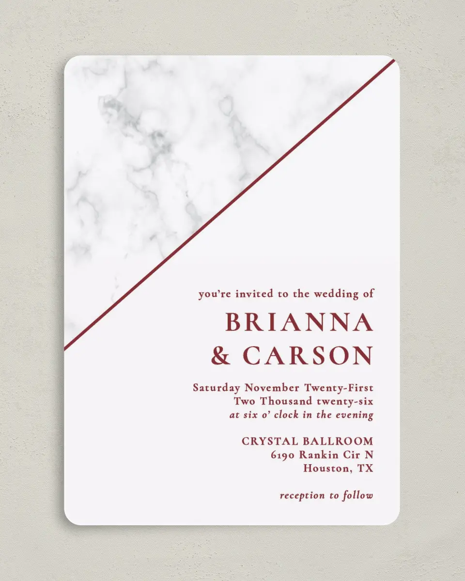 This is a 5" x 7" Rounded Wedding Invitation called Bold Banner printed in full color on Premium Smooth paper