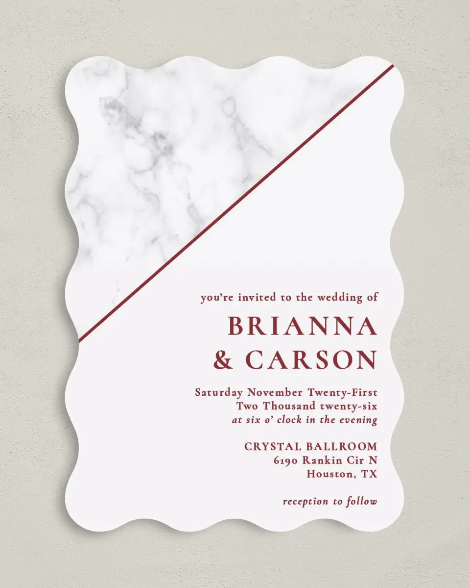 This is a 5" x 7" Wavy Wedding Invitation called Bold Banner printed in full color on Premium Smooth paper
