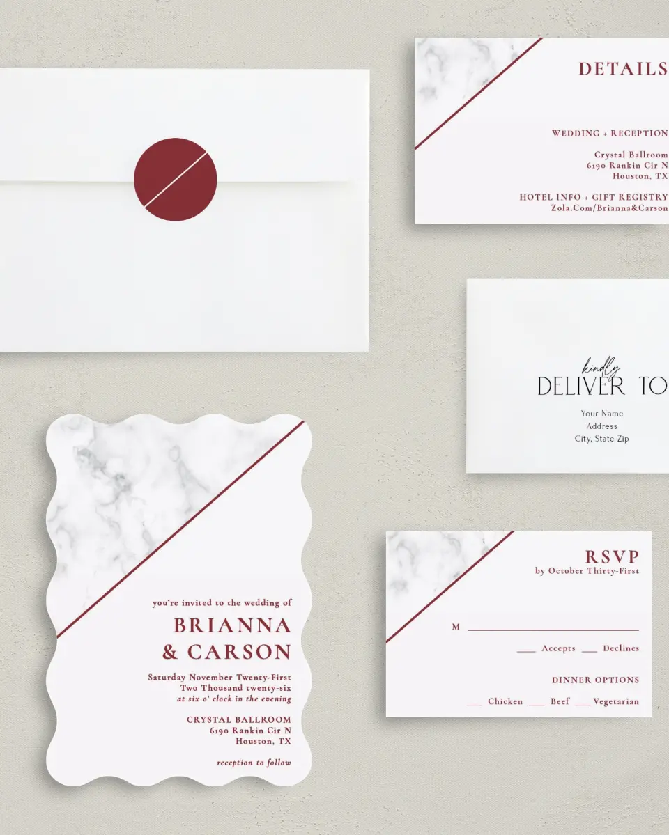 This is a 5" x 7" Wavy Wedding Invitation called Bold Banner printed in full color with Gold foil on Luxe Satin (coated) paper