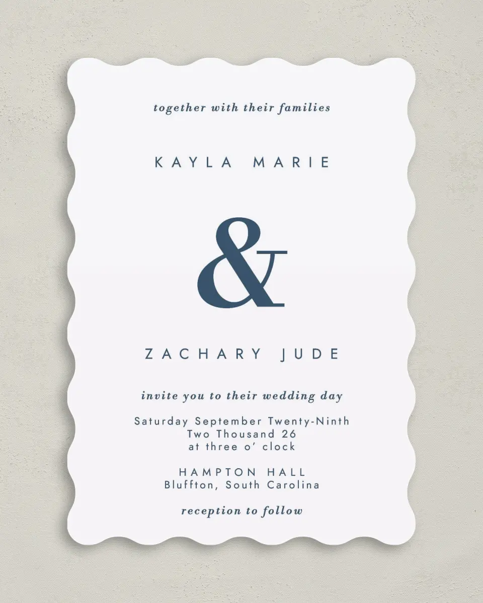 This is a 5" x 7" Wavy Wedding Invitation called Perfect Picture printed in full color on Premium Smooth paper