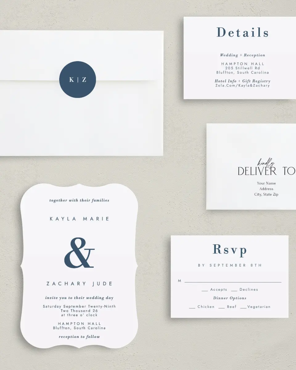 This is a 5" x 7" Bracket Wedding Invitation called Perfect Picture printed in full color with Silver foil on Luxe Satin (coated) paper