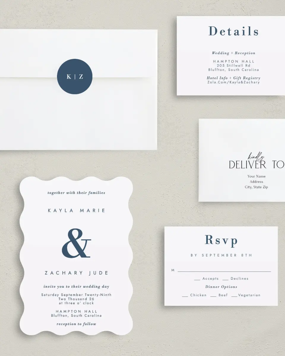 This is a 5" x 7" Wavy Wedding Invitation called Perfect Picture printed in full color with Gold foil on Luxe Satin (coated) paper