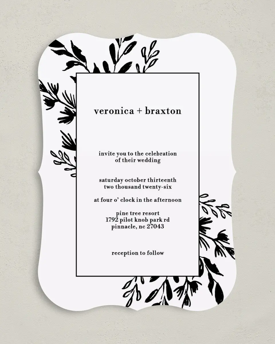 This is a 5" x 7" Bracket Wedding Invitation called Stacked Squares printed in full color on Premium Smooth paper