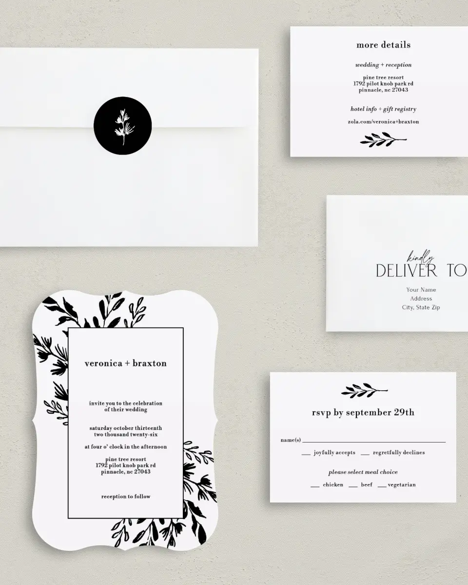 This is a 5" x 7" Bracket Wedding Invitation called Stacked Squares printed in full color with Silver foil on Luxe Satin (coated) paper