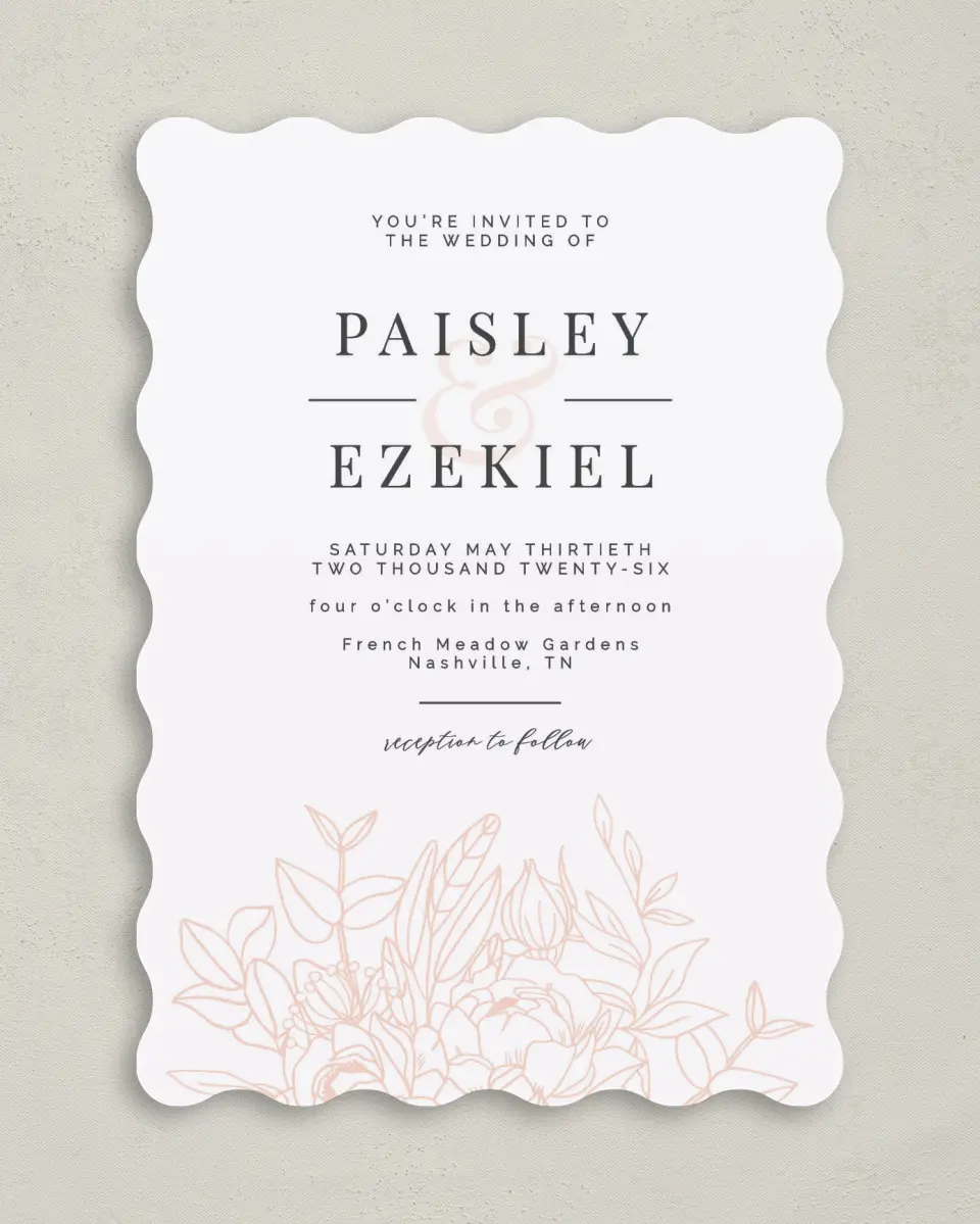 This is a 5" x 7" Wavy Wedding Invitation called Floral Outline printed in full color on Premium Smooth paper