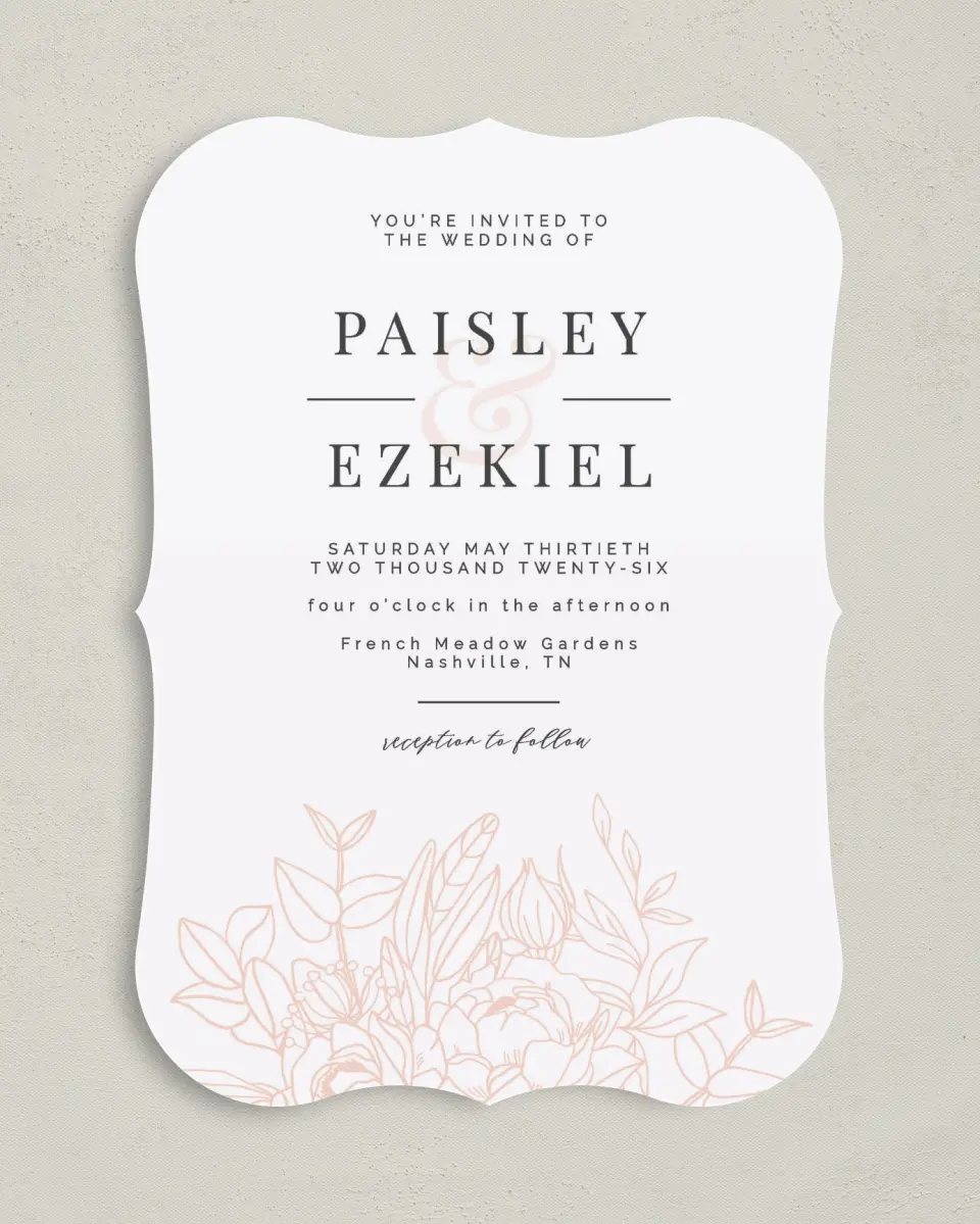 This is a 5" x 7" Bracket Wedding Invitation called Floral Outline printed in full color on Premium Smooth paper