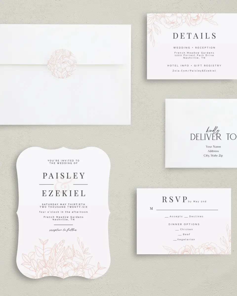 This is a 5" x 7" Bracket Wedding Invitation called Floral Outline printed in full color with Silver foil on Luxe Satin (coated) paper