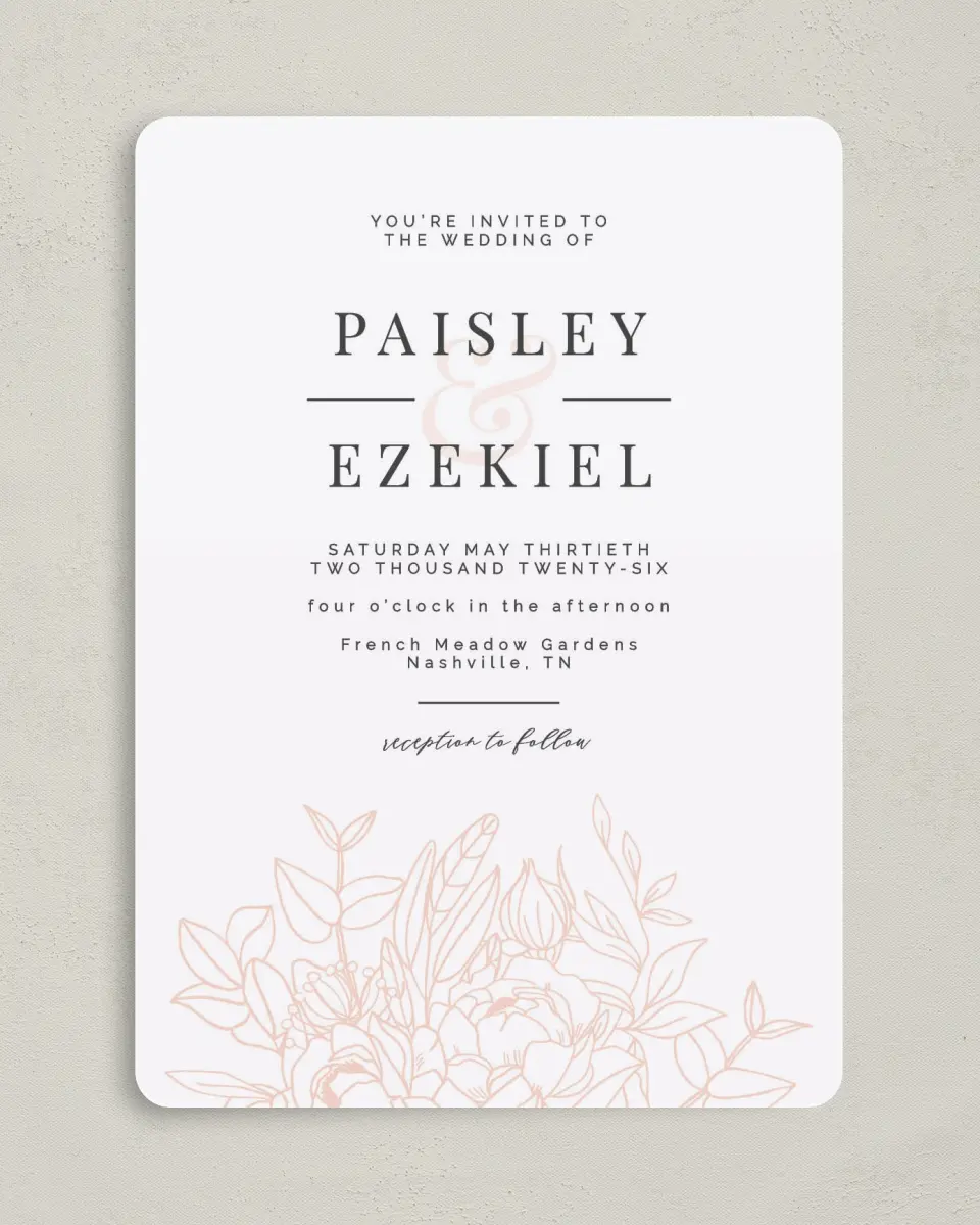 This is a 5" x 7" Rounded Wedding Invitation called Floral Outline printed in full color on Premium Smooth paper