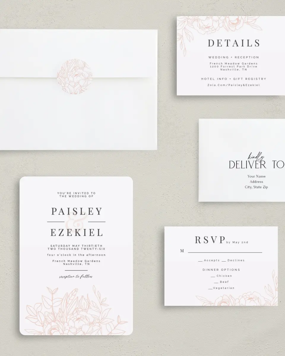 This is a 5" x 7" Rounded Wedding Invitation called Floral Outline printed in full color with Gold foil on Luxe Satin (coated) paper