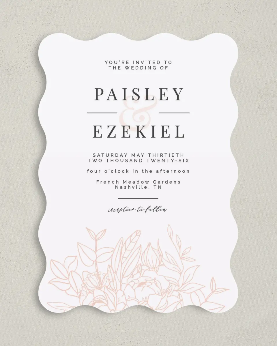 This is a 5" x 7" Wavy Wedding Invitation called Floral Outline printed in full color on Premium Smooth paper