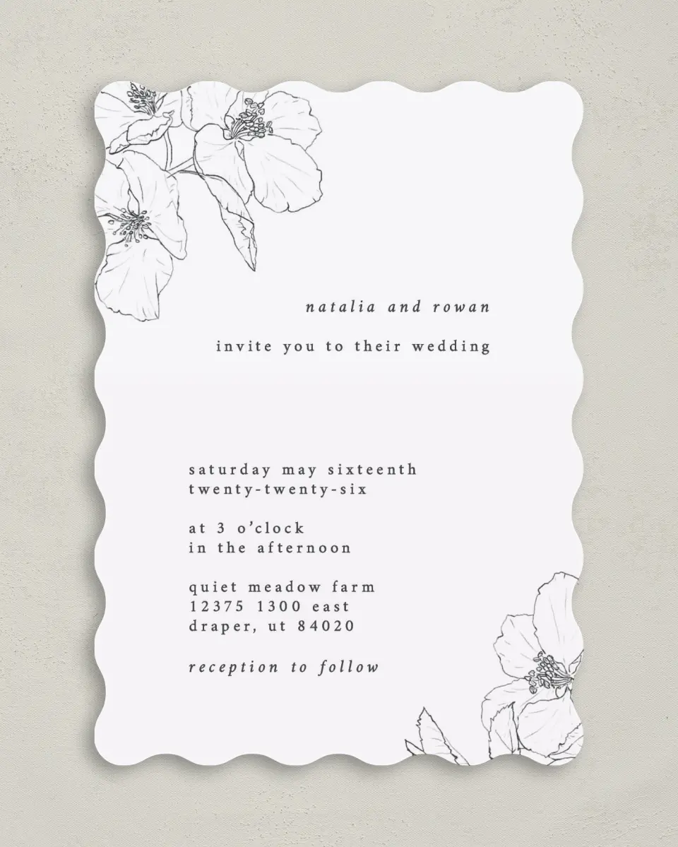 This is a 5" x 7" Wavy Wedding Invitation called Hibiscus Hideaway printed in full color on Premium Smooth paper
