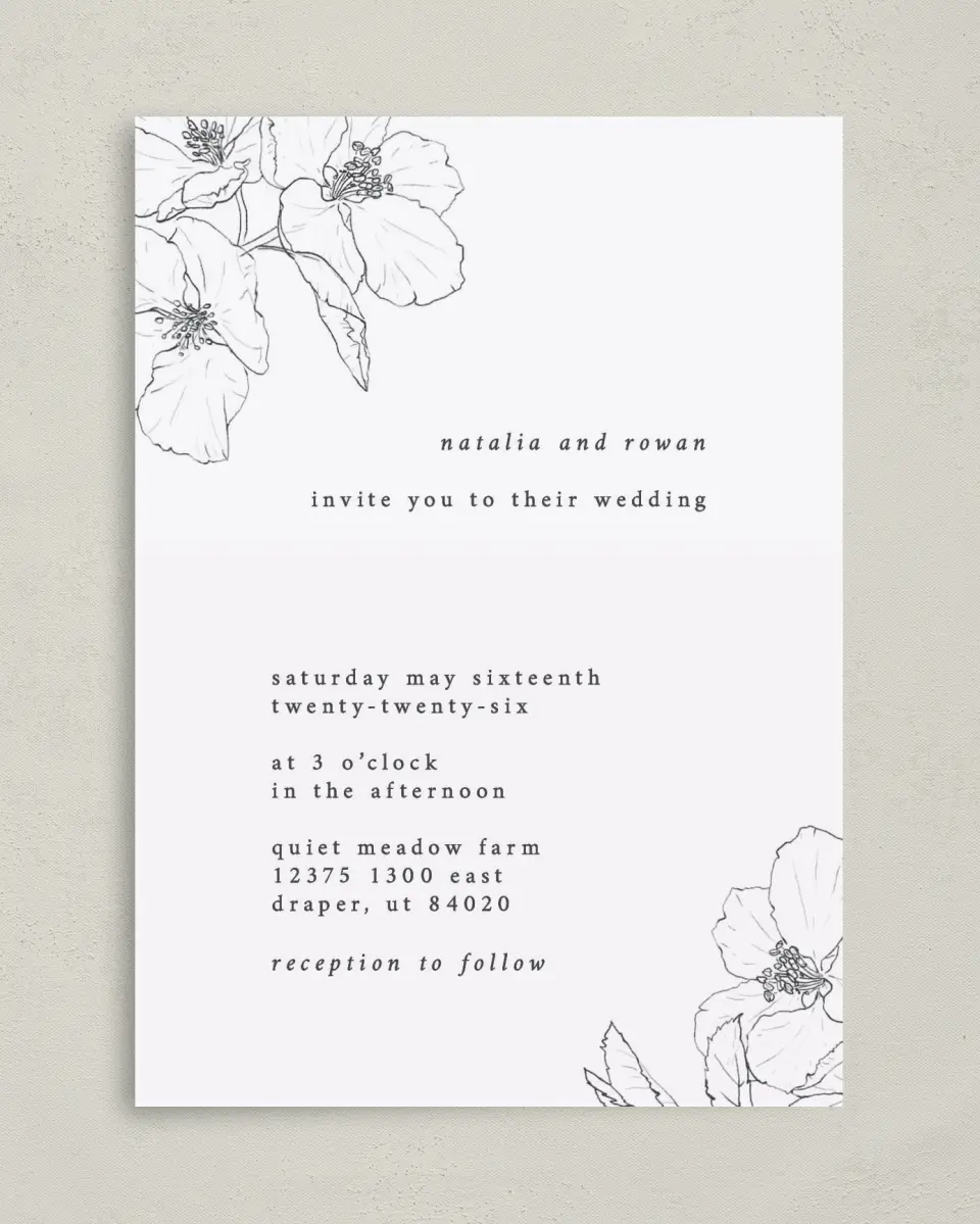 This is a 5" x 7" Classic Wedding Invitation called Hibiscus Hideaway printed in full color with Rose Gold foil on Luxe Satin (coated) paper