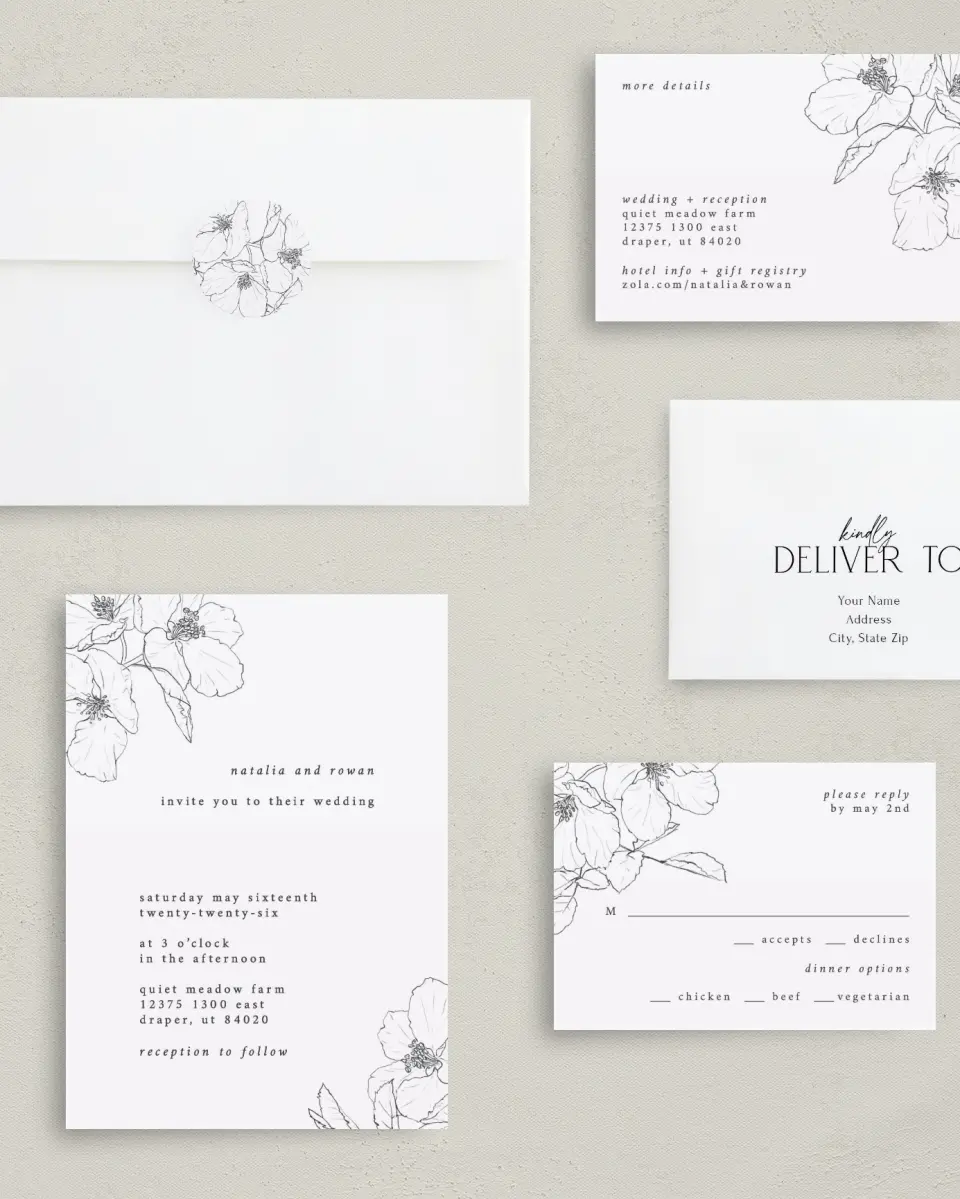 This is a 5" x 7" Classic Wedding Invitation called Hibiscus Hideaway printed in full color with Rose Gold foil on Luxe Satin (coated) paper