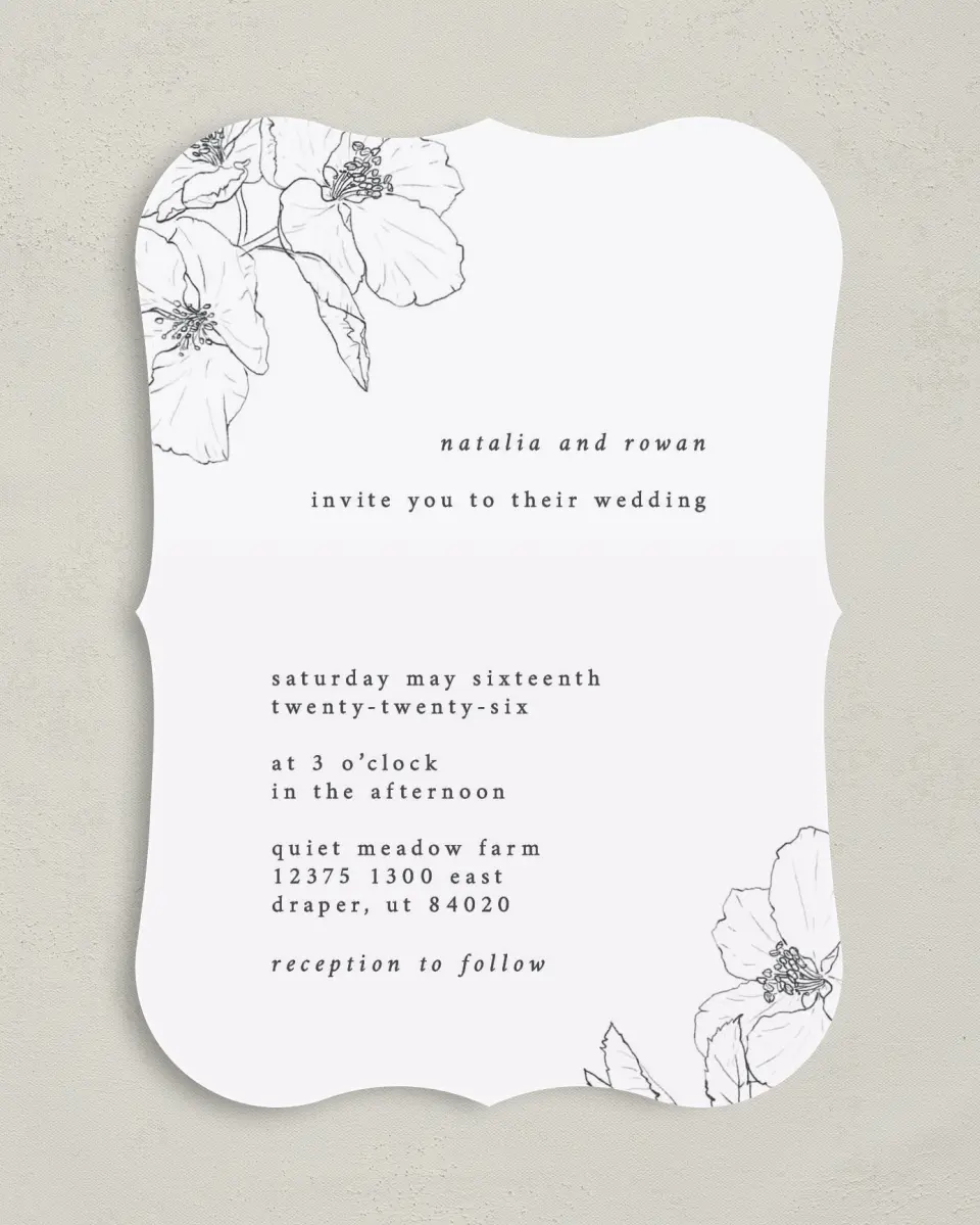 This is a 5" x 7" Bracket Wedding Invitation called Hibiscus Hideaway printed in full color on Premium Smooth paper