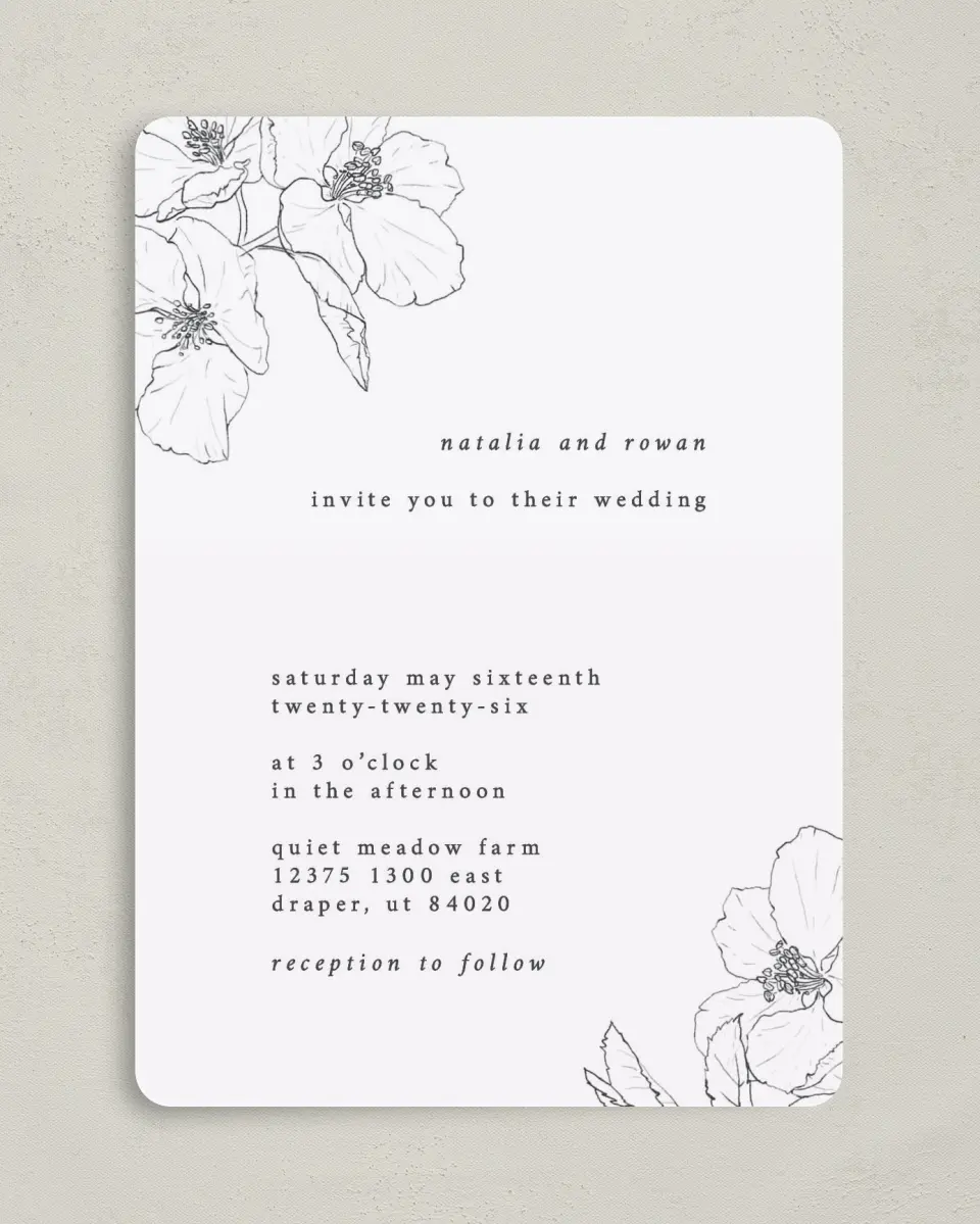 This is a 5" x 7" Rounded Wedding Invitation called Hibiscus Hideaway printed in full color on Premium Smooth paper