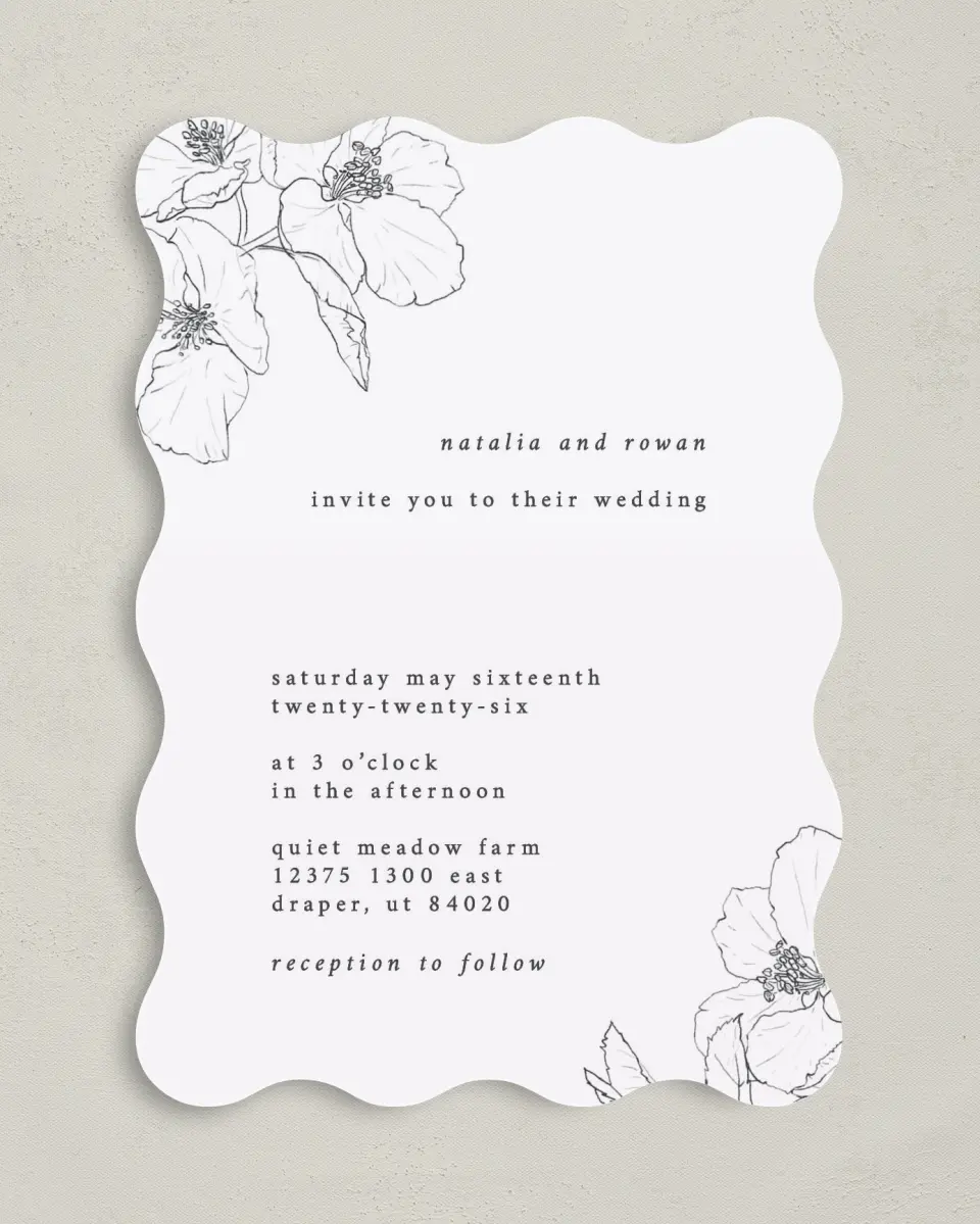 This is a 5" x 7" Wavy Wedding Invitation called Hibiscus Hideaway printed in full color on Premium Smooth paper