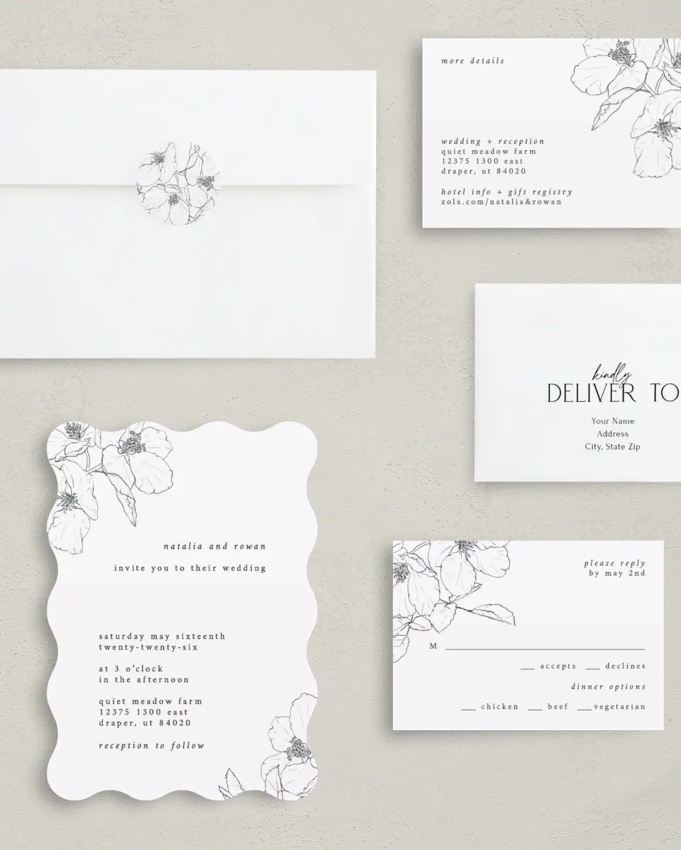 This is a 5" x 7" Wavy Wedding Invitation called Hibiscus Hideaway printed in full color with Silver foil on Luxe Satin (coated) paper