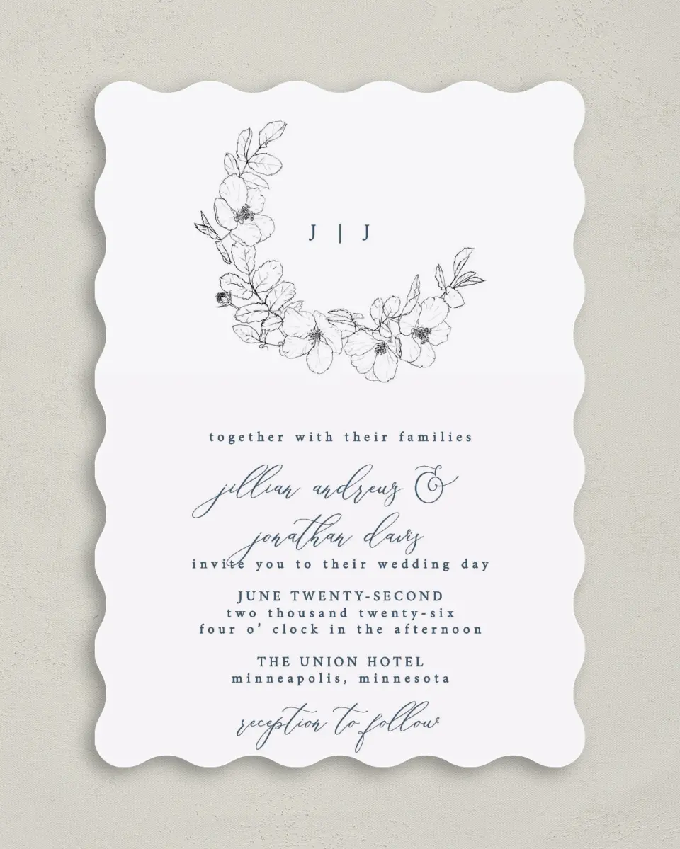 This is a 5" x 7" Wavy Wedding Invitation called Floral Sketch printed in full color on Premium Smooth paper