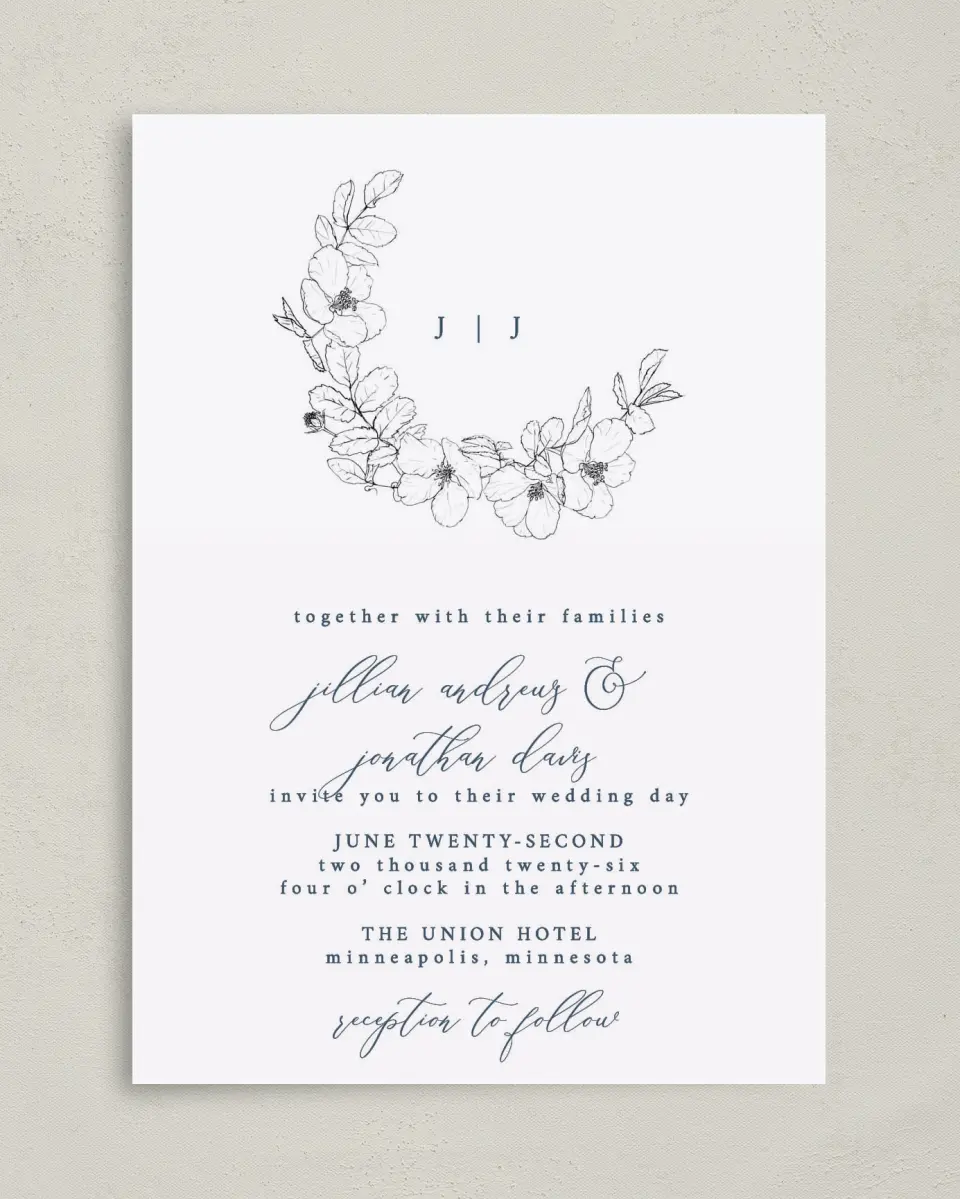This is a 5" x 7" Classic Wedding Invitation called Floral Sketch printed in full color with Gold foil on Luxe Satin (coated) paper