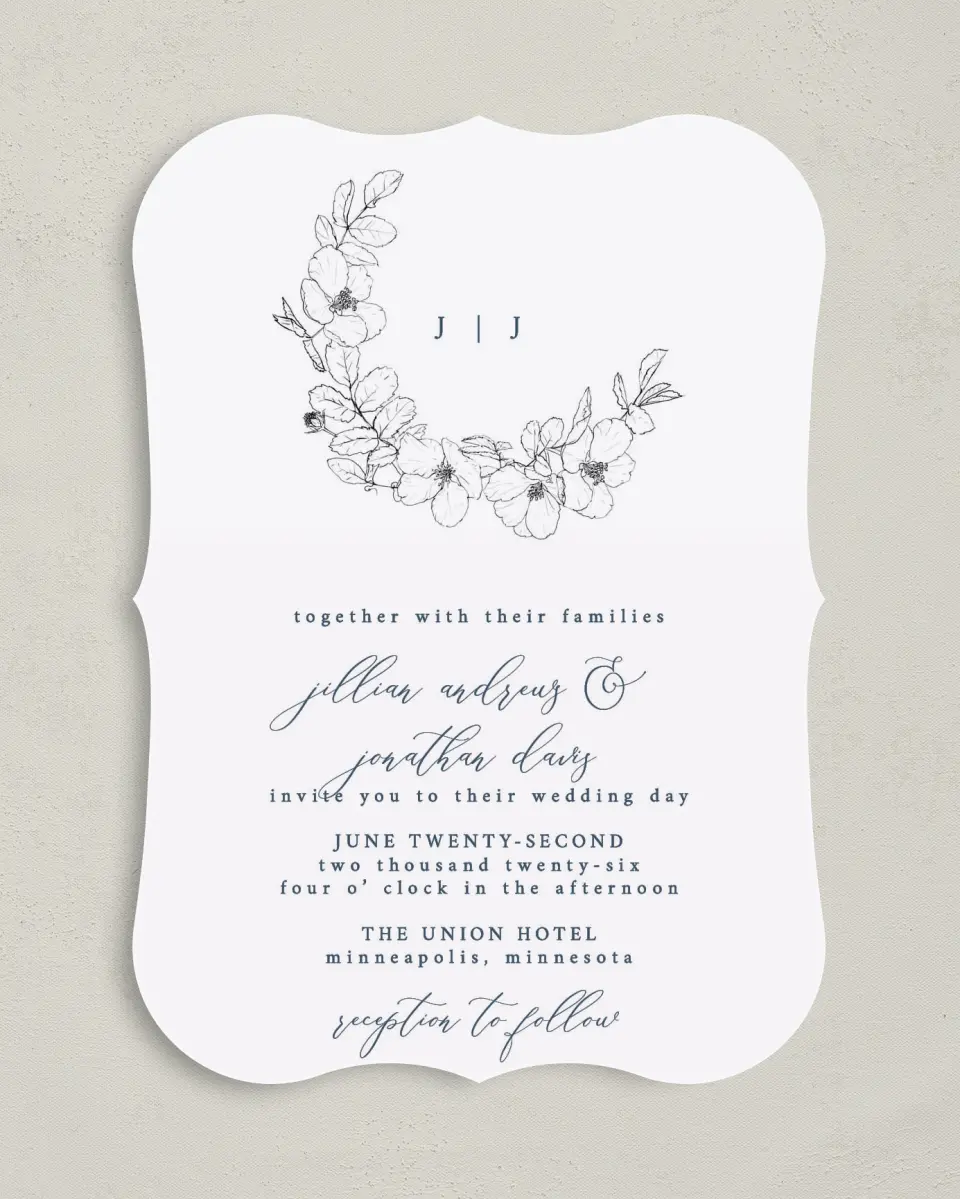 This is a 5" x 7" Bracket Wedding Invitation called Floral Sketch printed in full color on Premium Smooth paper