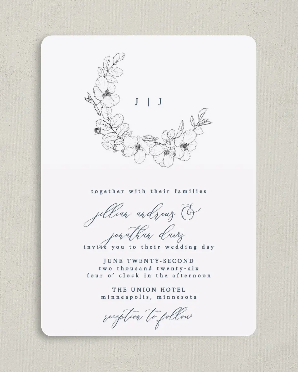 This is a 5" x 7" Rounded Wedding Invitation called Floral Sketch printed in full color on Premium Smooth paper