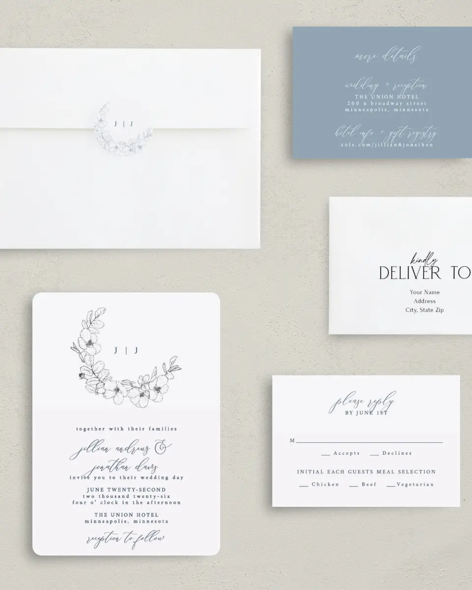 This is a 5" x 7" Rounded Wedding Invitation called Floral Sketch printed in full color with Gold foil on Luxe Satin (coated) paper