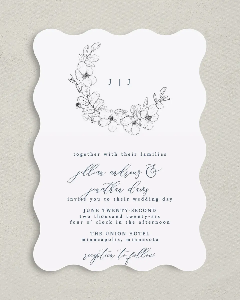 This is a 5" x 7" Wavy Wedding Invitation called Floral Sketch printed in full color on Premium Smooth paper