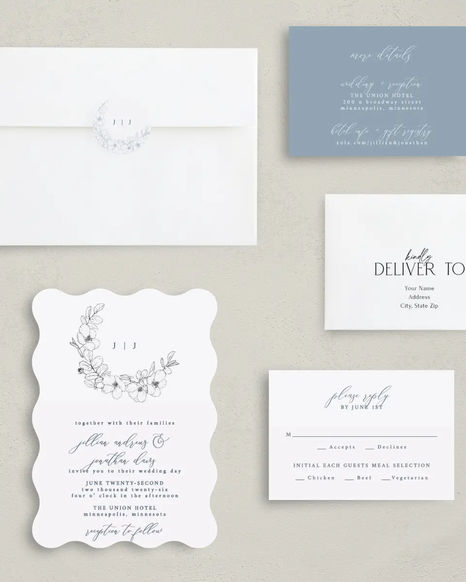 This is a 5" x 7" Wavy Wedding Invitation called Floral Sketch printed in full color with Silver foil on Luxe Satin (coated) paper