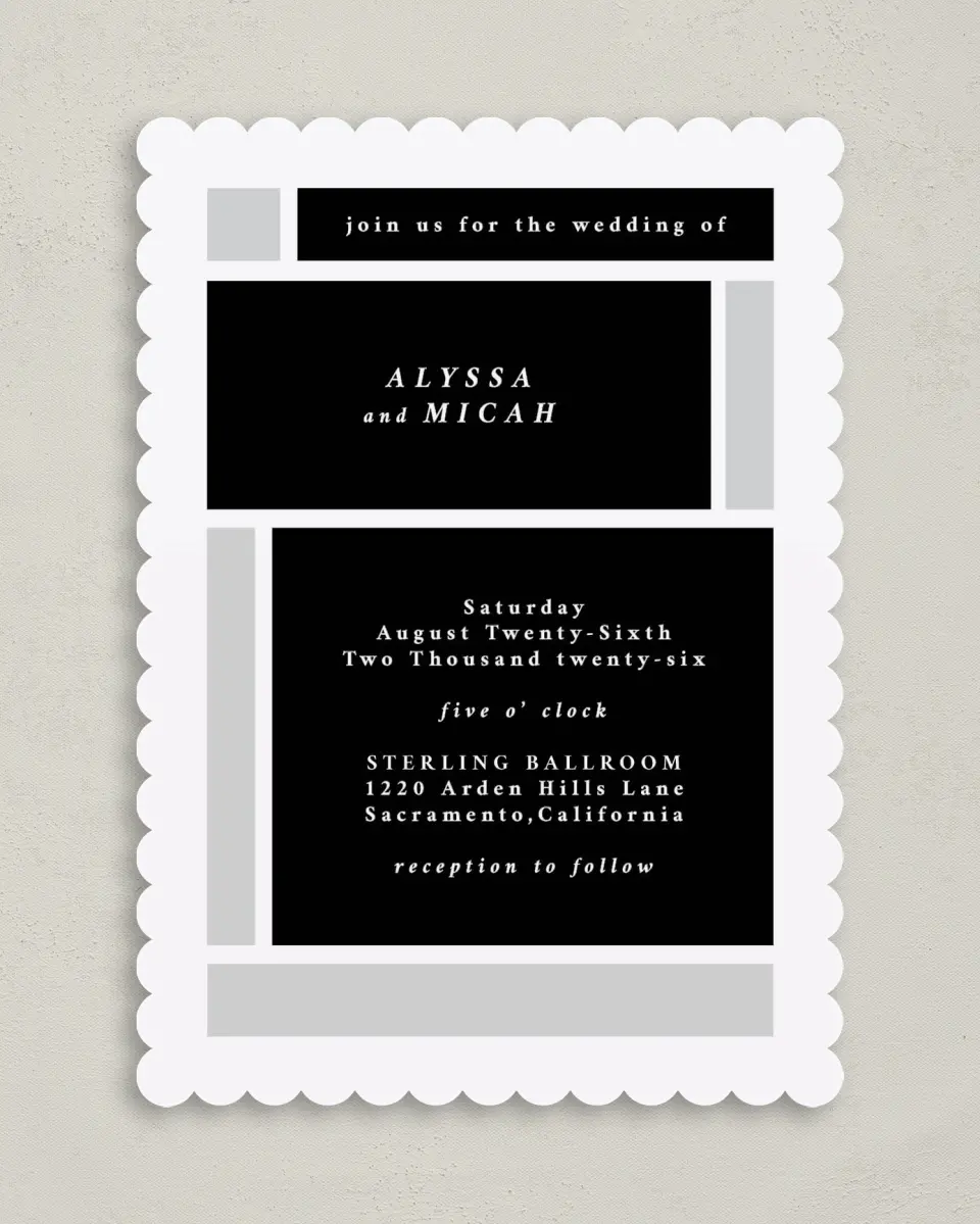 This is a 5" x 7" Classic Wedding Invitation called Framed Boxes printed in full color on Premium Smooth paper