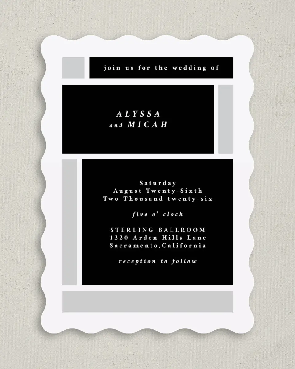 This is a 5" x 7" Wavy Wedding Invitation called Framed Boxes printed in full color on Premium Smooth paper